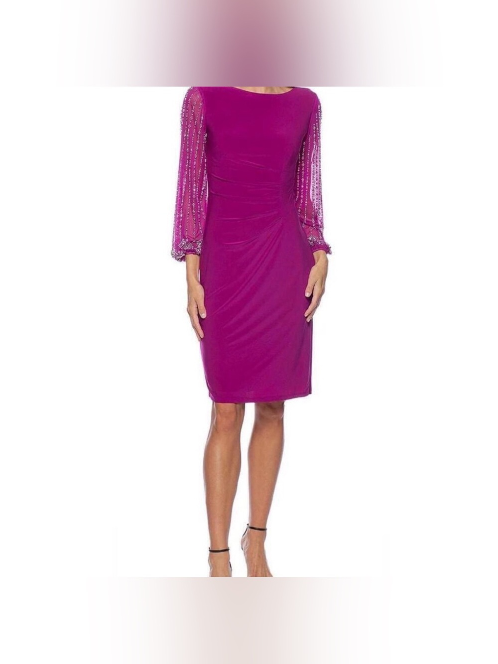 Marina Sz 6 Magenta Beaded Sleeve Ruched Cocktail Wedding Guest Sheath Dress